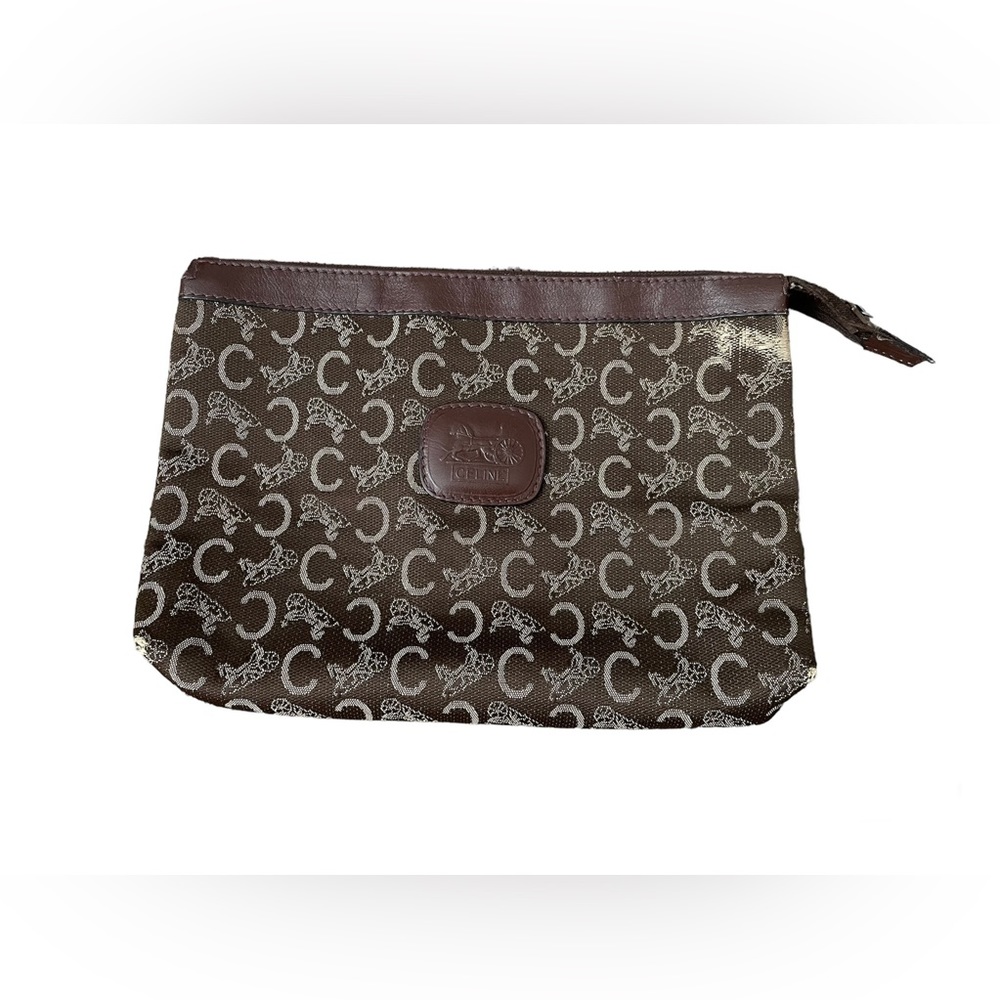 Vintage Celine C Brown Leather Canvas Zip Pouch Cosmetic Case Clutch